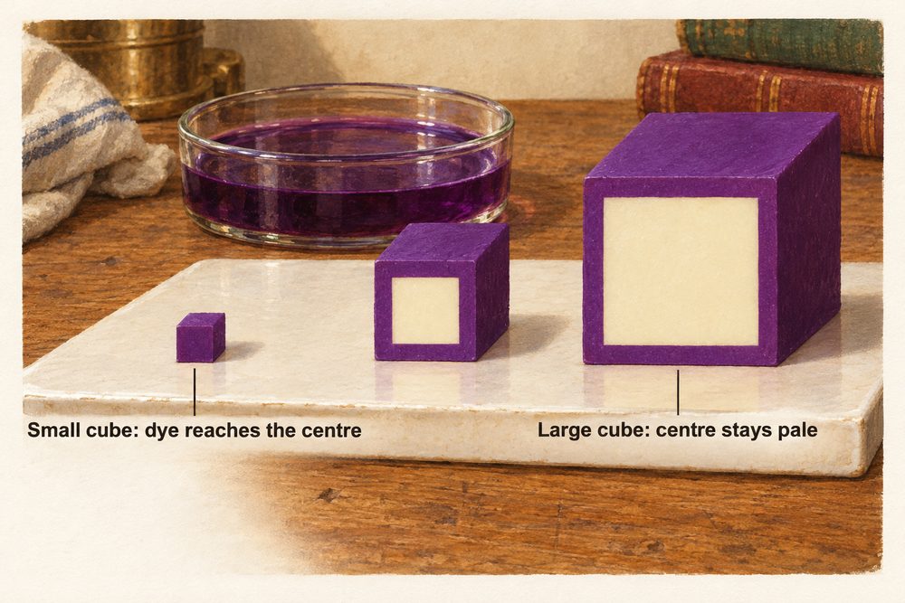 Diagram: In the same time, dye soaks right through a small agar cube but leaves the centre of a large cube pale, because a large object has less surface area for its volume.