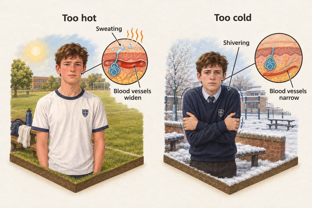 Diagram: When the body is too hot the skin sweats and its blood vessels widen to lose heat; when it is too cold the body shivers and the vessels narrow to keep heat in.