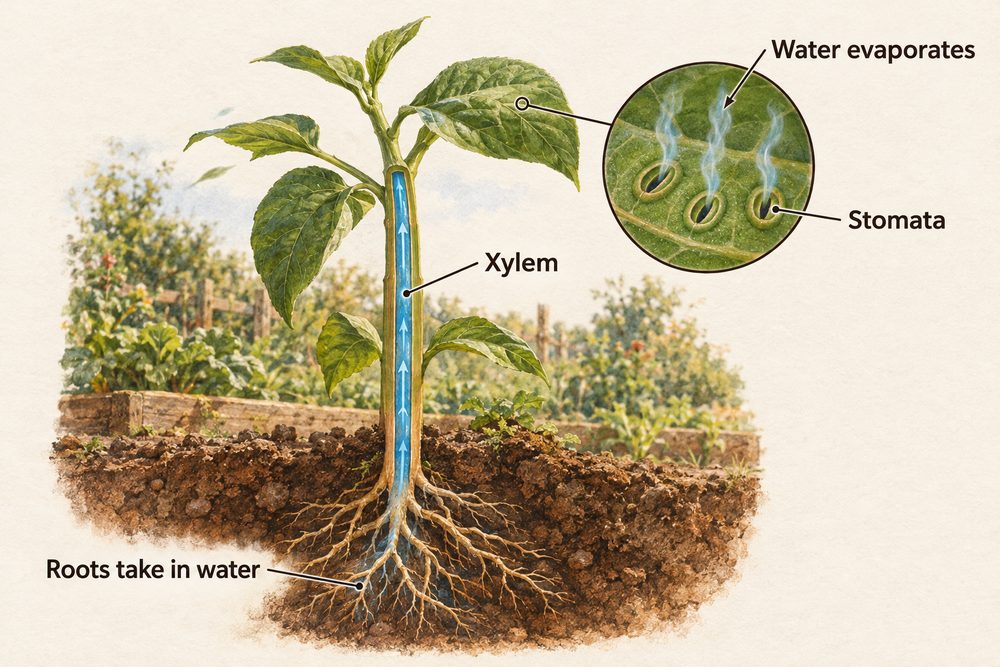 Diagram: Water is taken in by the roots, travels up the xylem and evaporates from the leaves through the stomata, which pulls more water up the plant.